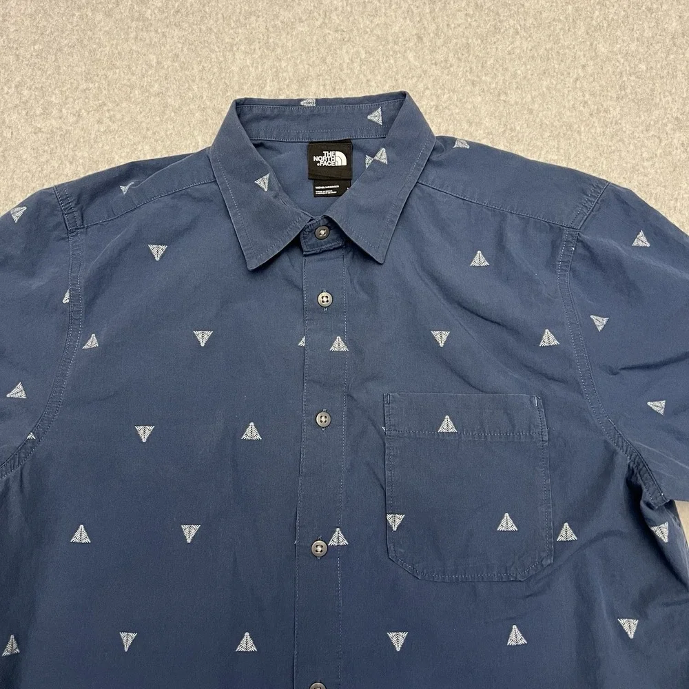 North Face Shirt Men's Large Blue AOP Trees Short Sleeve Outdoors Pocket Hike